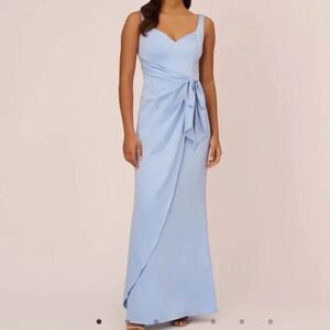 ADRIANNA PAPELL Blue Satin Crepe Tie Waist Dress Long Formal Gown Size 10‎ New